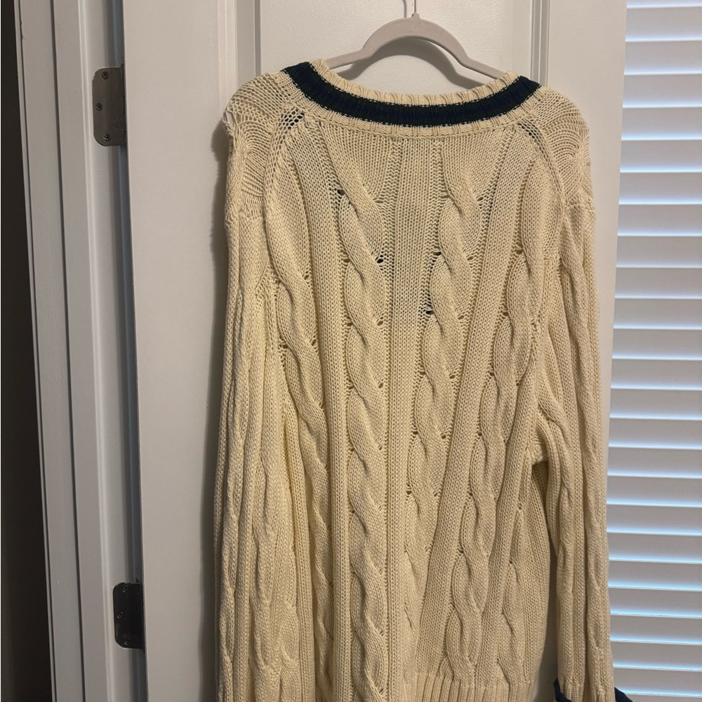Cream Cable-Knit V-Neck Sweater with Navy Trim - Picture 2 of 3
